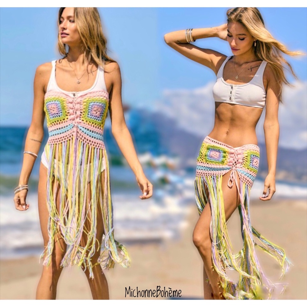 Davi & Dani Pastel Rainbow Crochet Fringed Convertible Top to Skirt - Picture 1 of 16